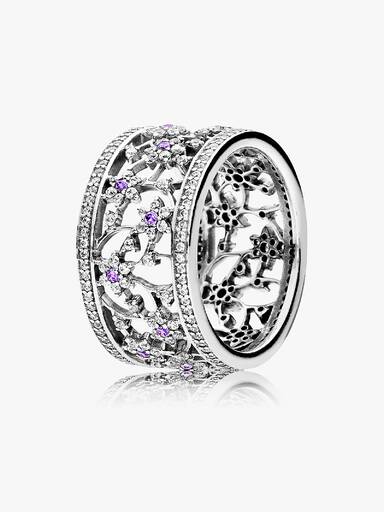 Forget me not silver ring with purple and clear cubic zirconia