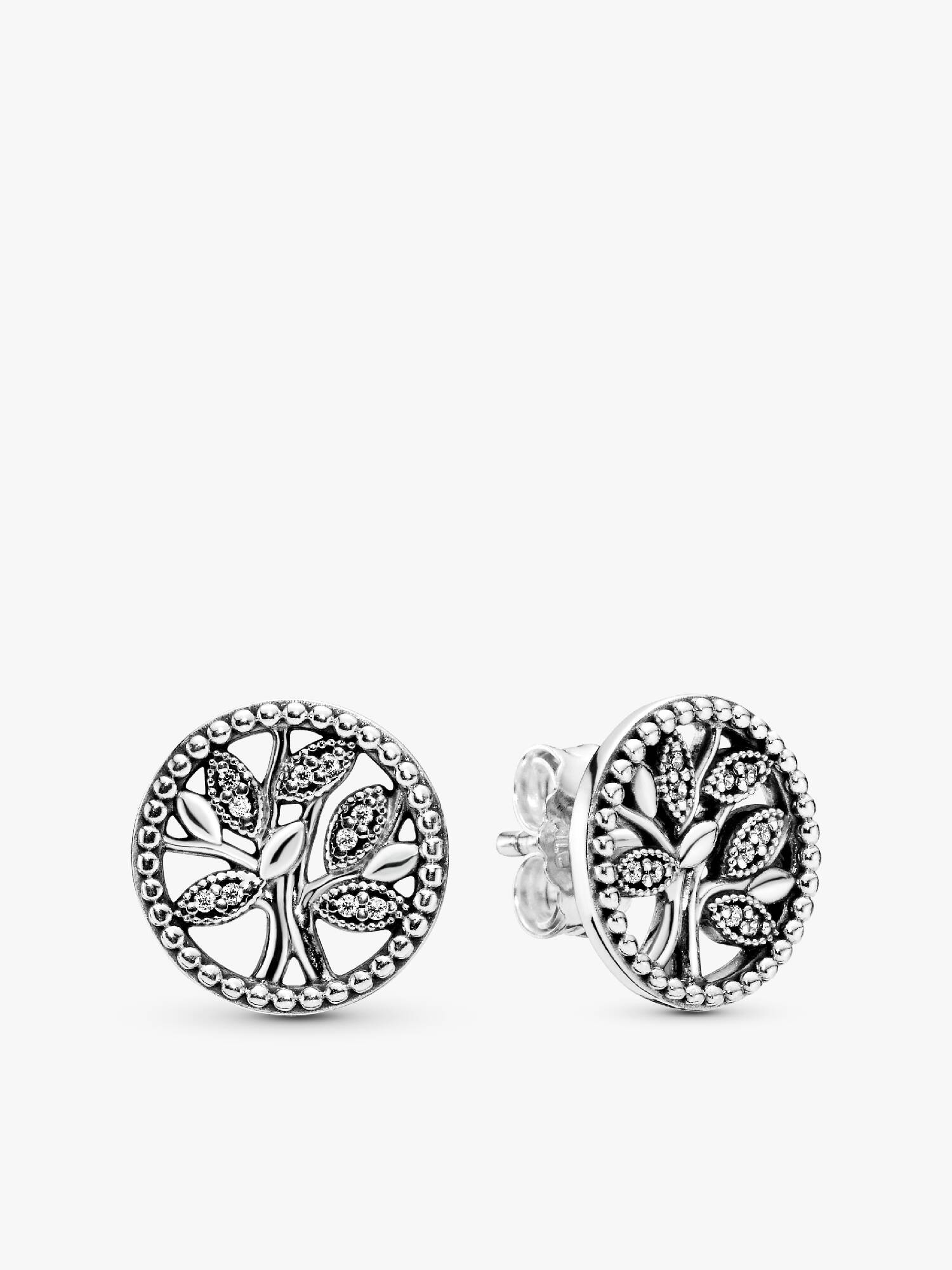 Family tree silver stud earrings with clear cubic zirconia