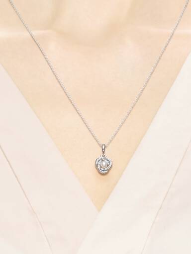 Ribbon silver pendant with white crystal pearl and clear cubic zirconia