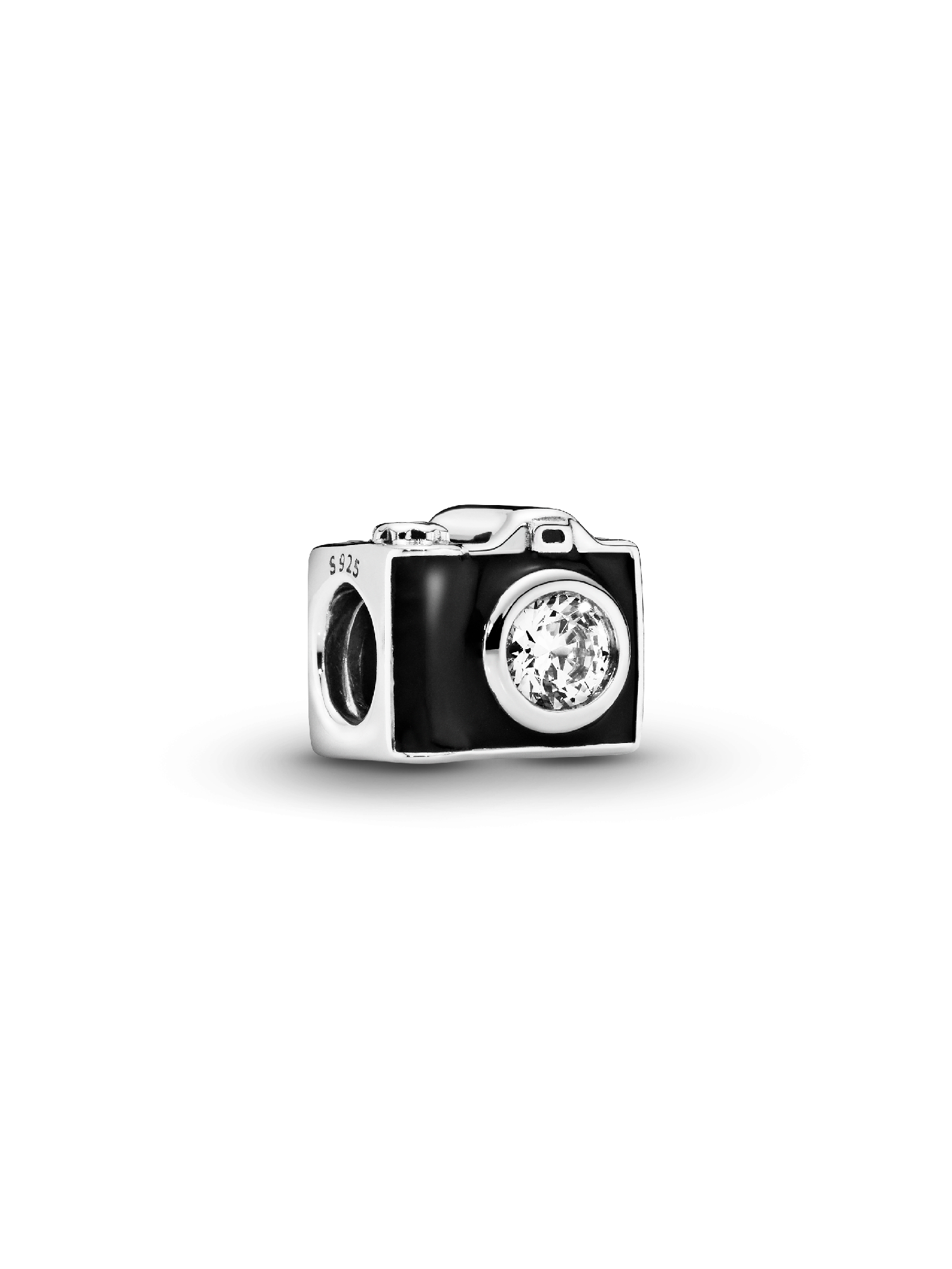 Camera silver charm with black enamel and cubic zirconia