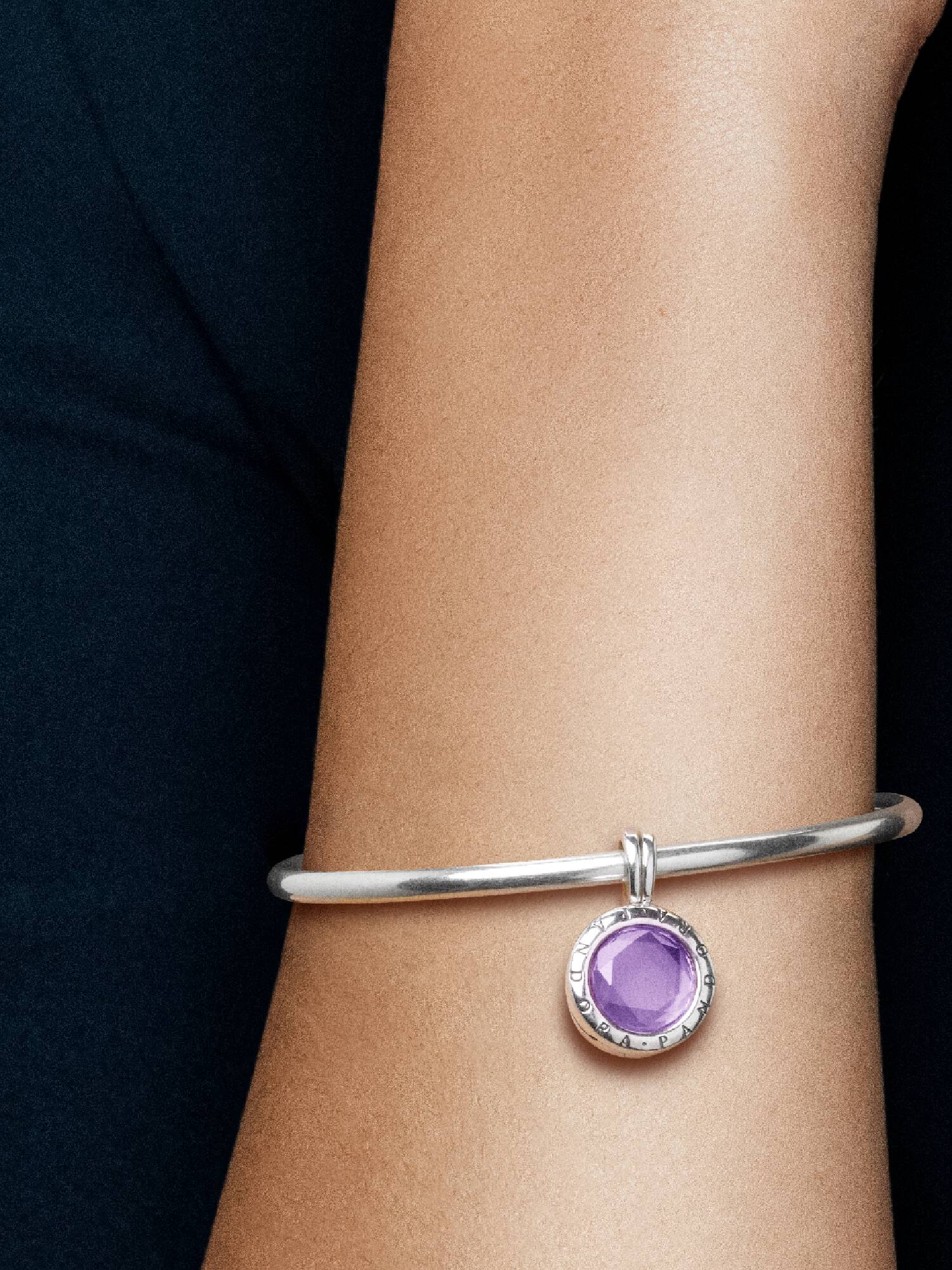 PANDORA floating locket silver dangle with faceted synthetic amethyst