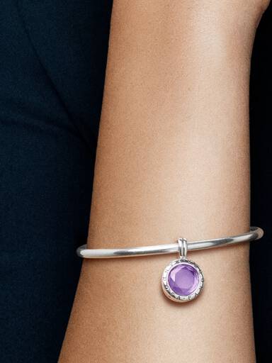 PANDORA floating locket silver dangle with faceted synthetic amethyst