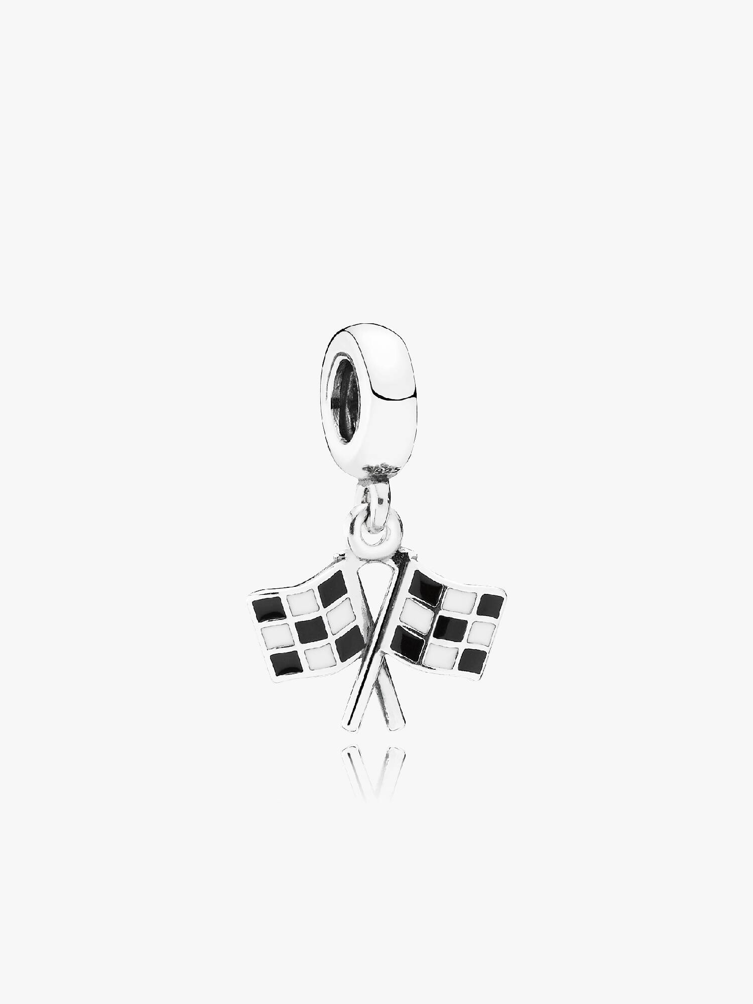 Chequered flags silver dangle with black and white enamel