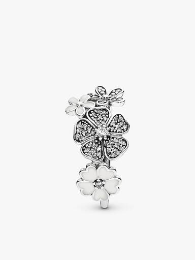 Floral silver ring with clear cubic zirconia and white enamel