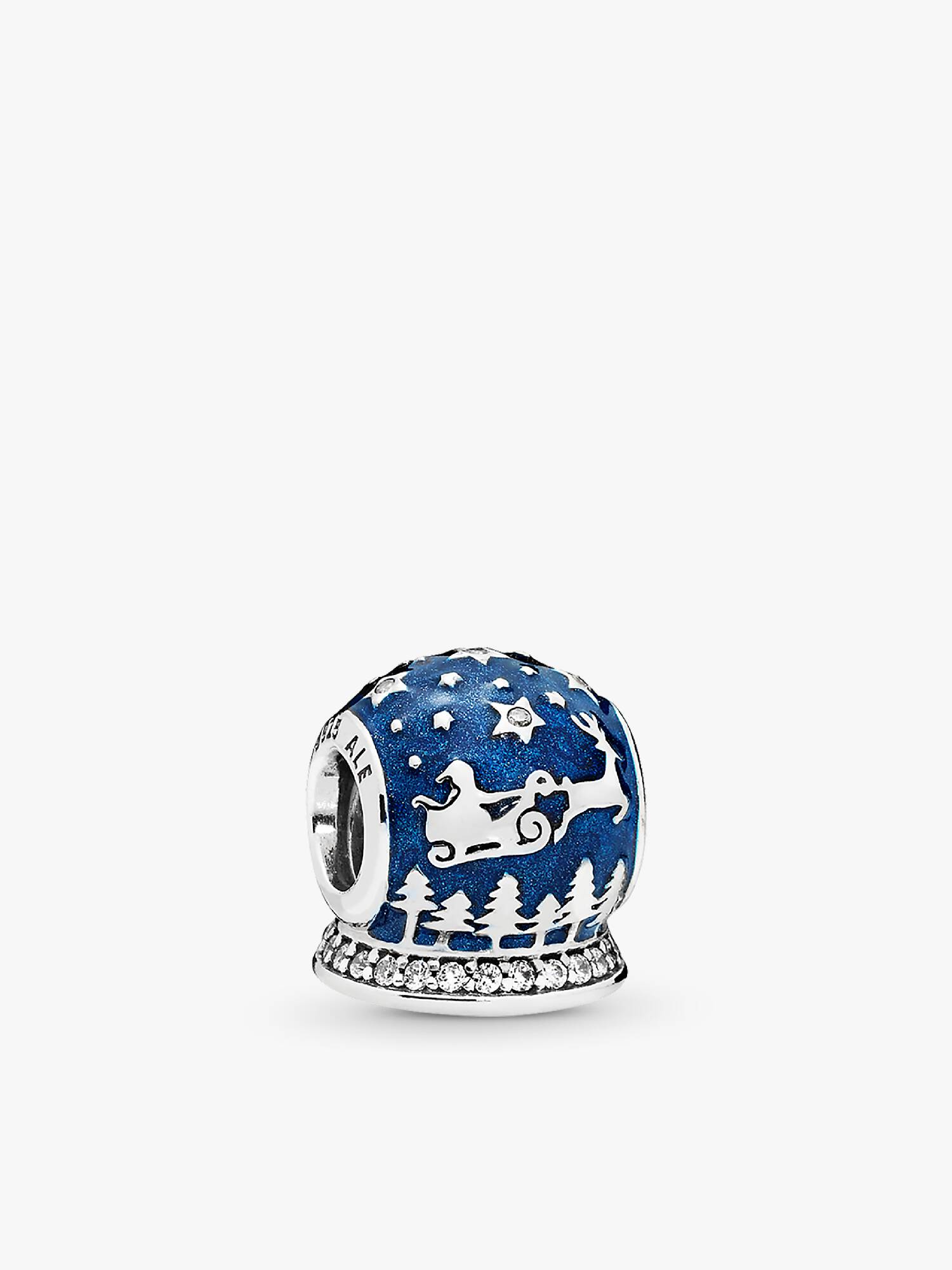 Christmas snow globe silver charm with clear cubic zirconia and blue enamel