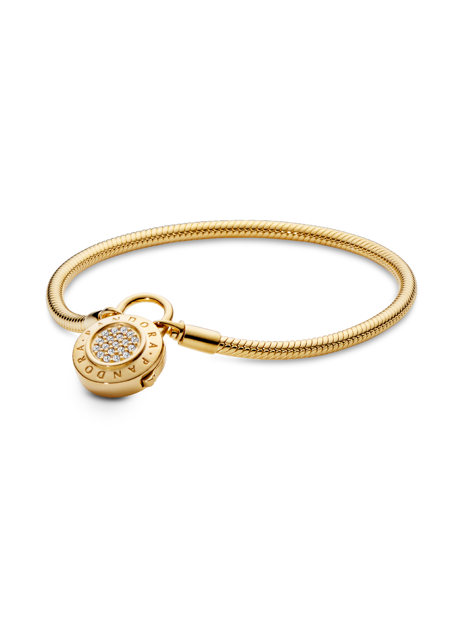 PANDORA Shine snake chain bracelet and PANDORA logo padlock clasp with clear cubic zirconia
