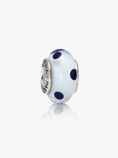 Dotted silver charm with white and blue murano glass