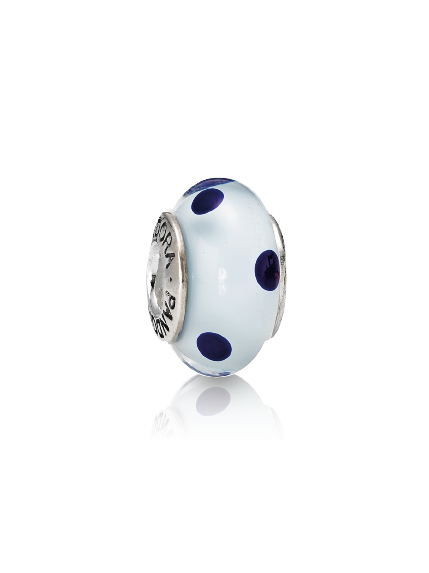 Dotted silver charm with white and blue murano glass