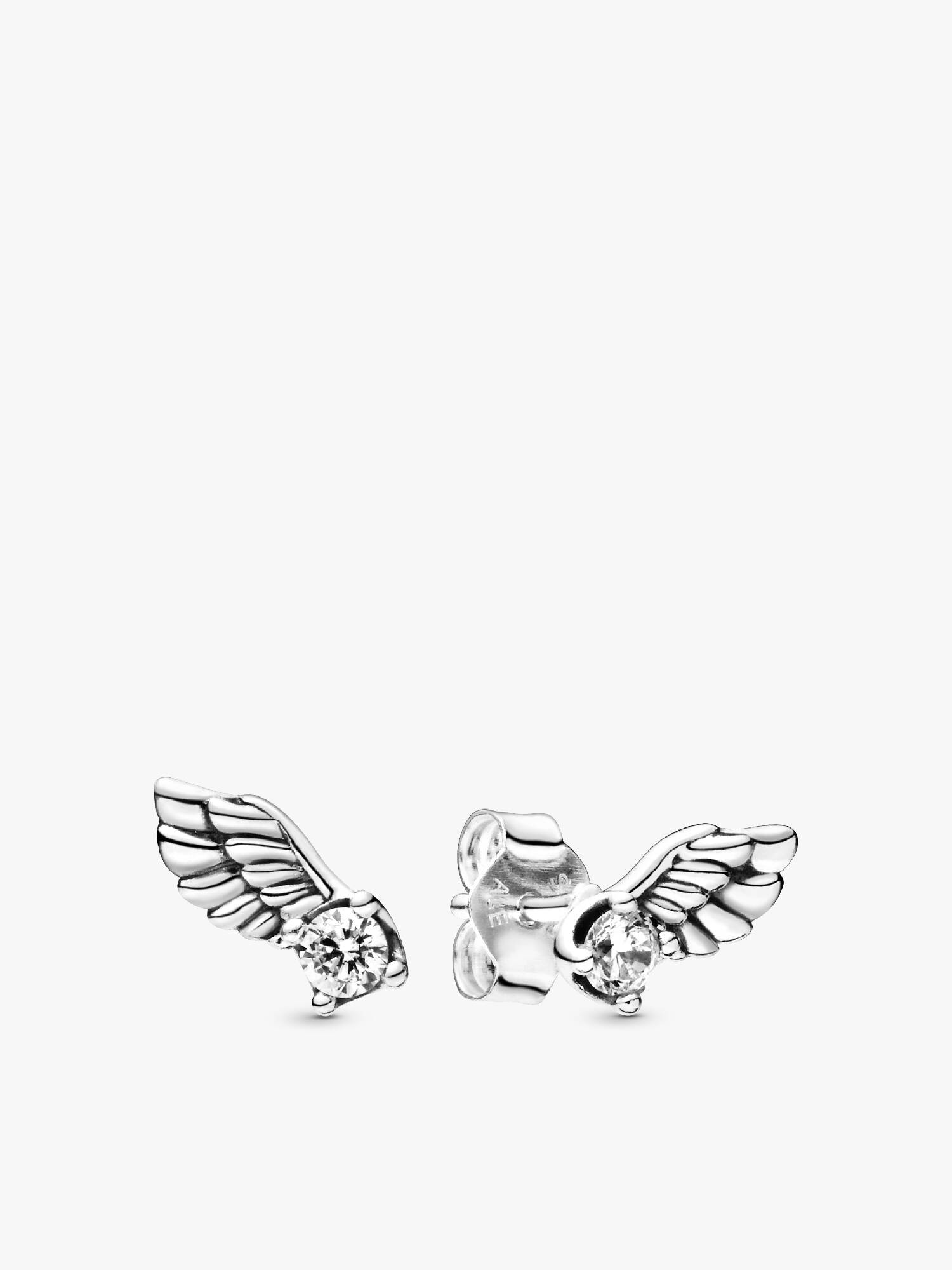 Angel wing sterling silver stud earrings with clear cubic zirconia