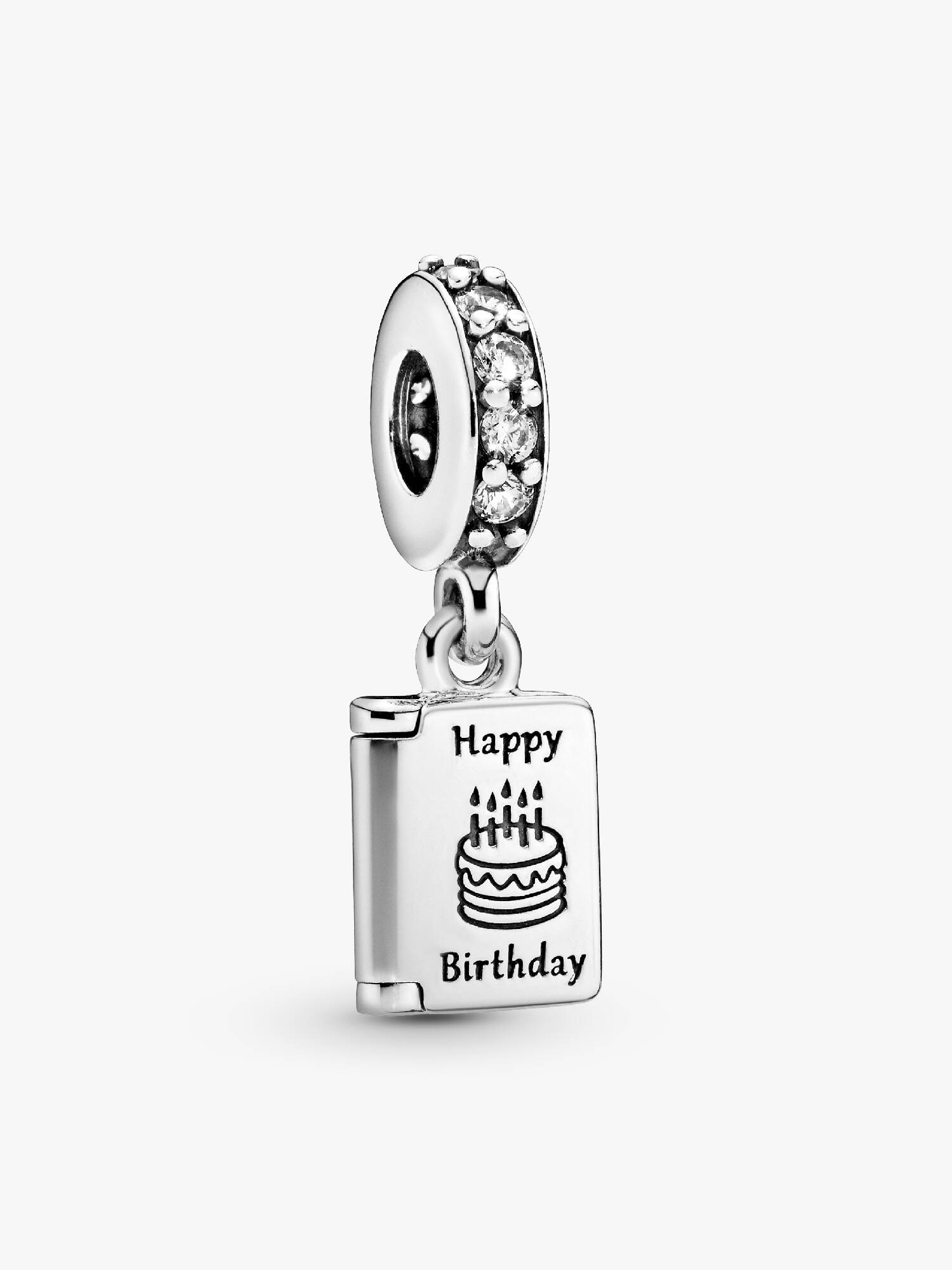 Birthday card silver dangle with clear cubic zirconia