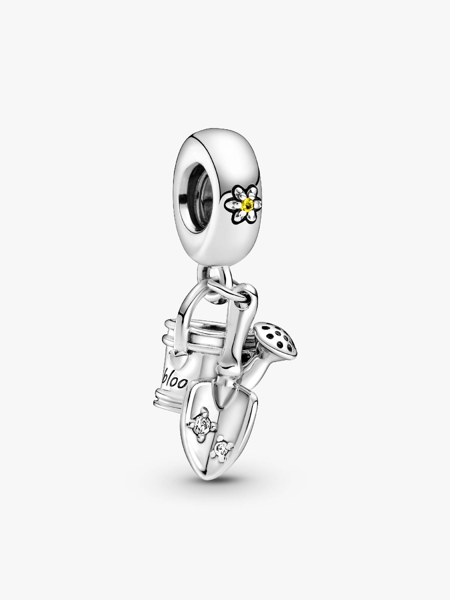 Watering can and trowel sterling silver dangle with blazing yellow crystal and clear cubic zirconia