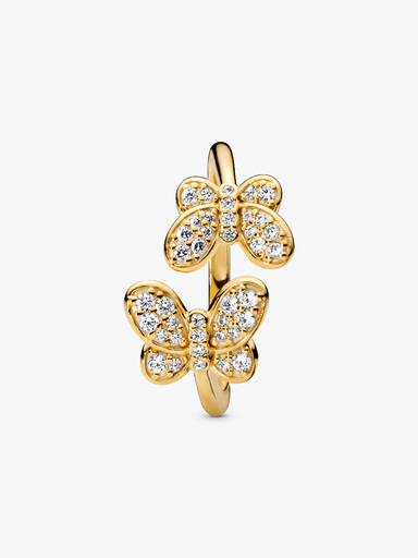 Butterfly 14k gold-plated open ring with clear cubic zirconia