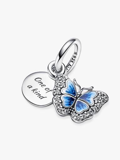 Charm pendente duplo com borboleta azul e citação