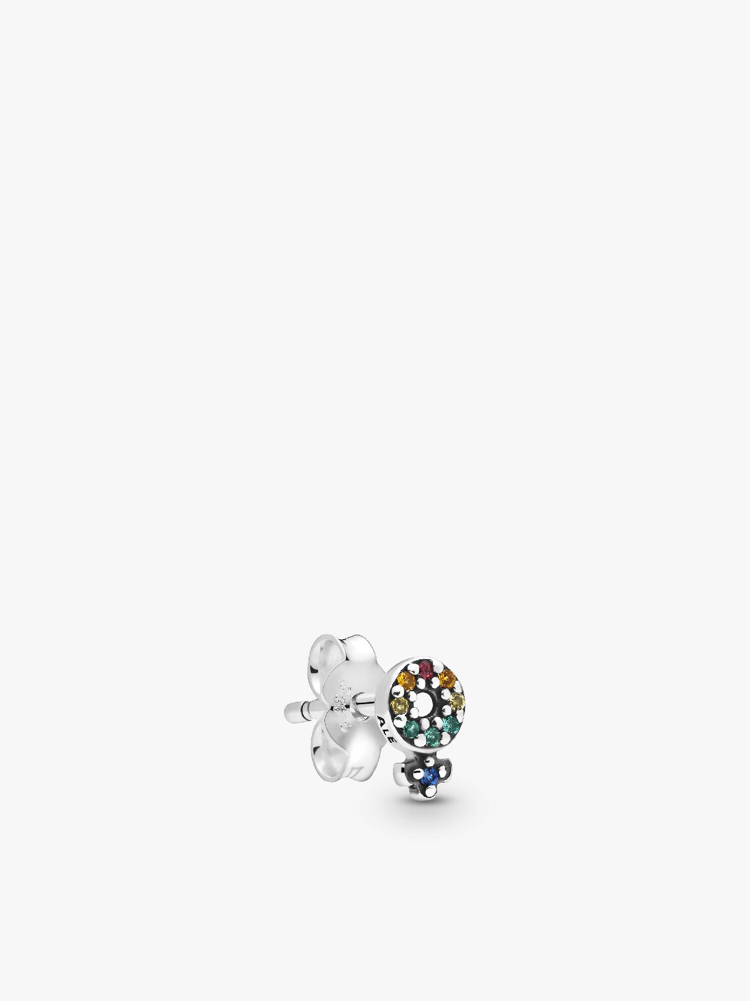 Female symbol sterling silver stud earring with green, blue, orange, yellow crystal and red cubic zirconia