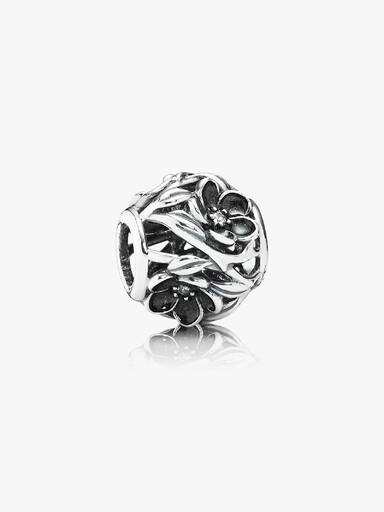 Openwork floral silver charm with cubic zirconia and black enamel