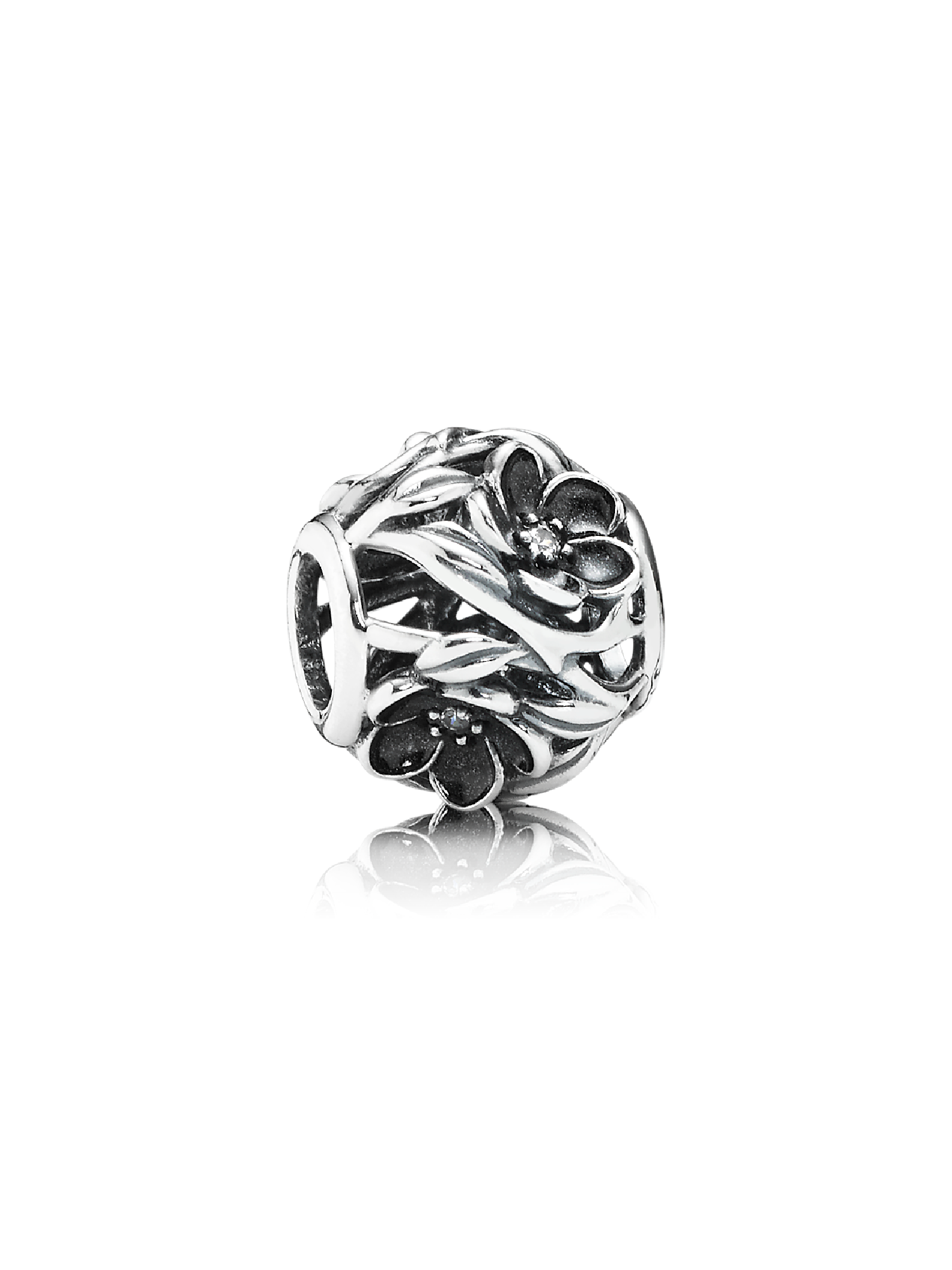 Openwork floral silver charm with cubic zirconia and black enamel