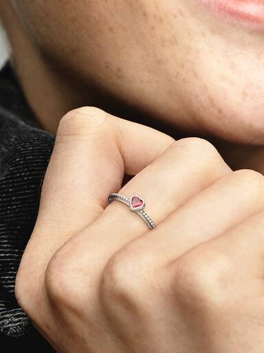 Heart silver ring with golden red synthetic ruby