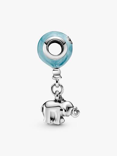 Balloon and elephant silver charm with blue enamel and clear cubic zirconia