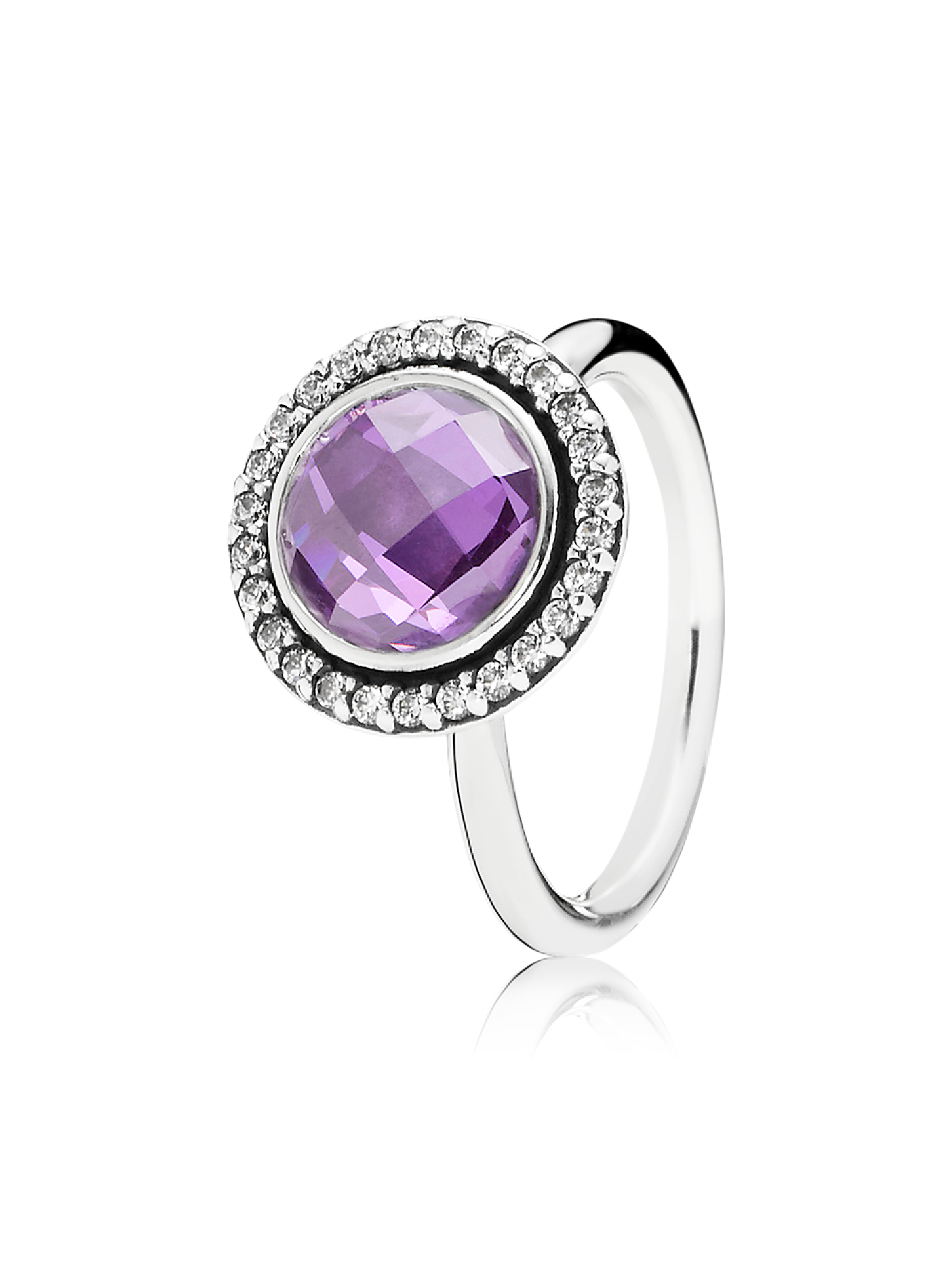 Silver ring with clear and purple cubic zirconia