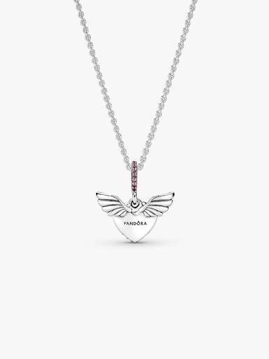 Heart and wings sterling silver pendant with phlox pink crystal and necklace