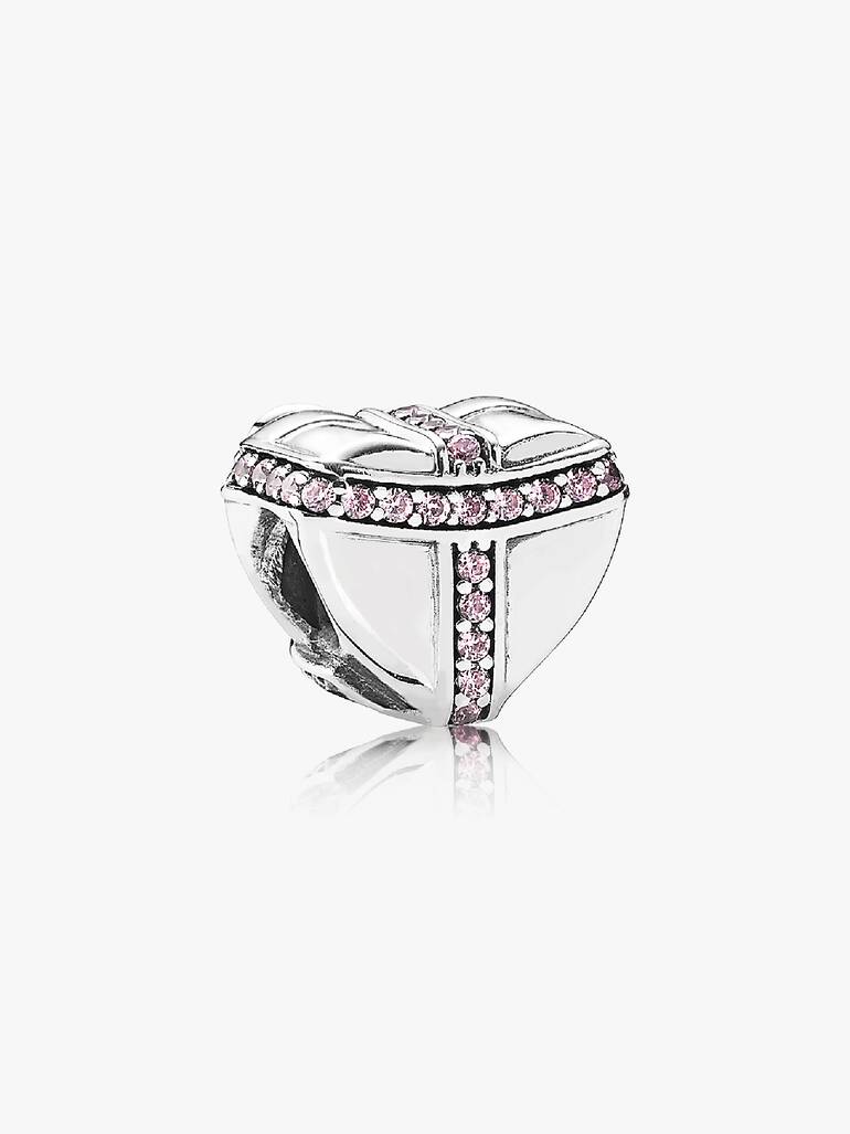 Heart present silver charm with pink cubic zirconia