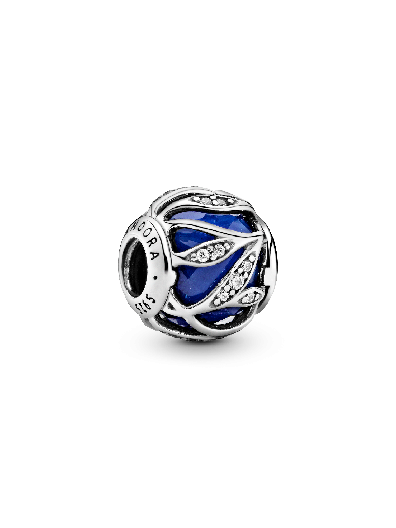 Abstract silver charm with faceted royal blue crystal and clear cubic zirconia