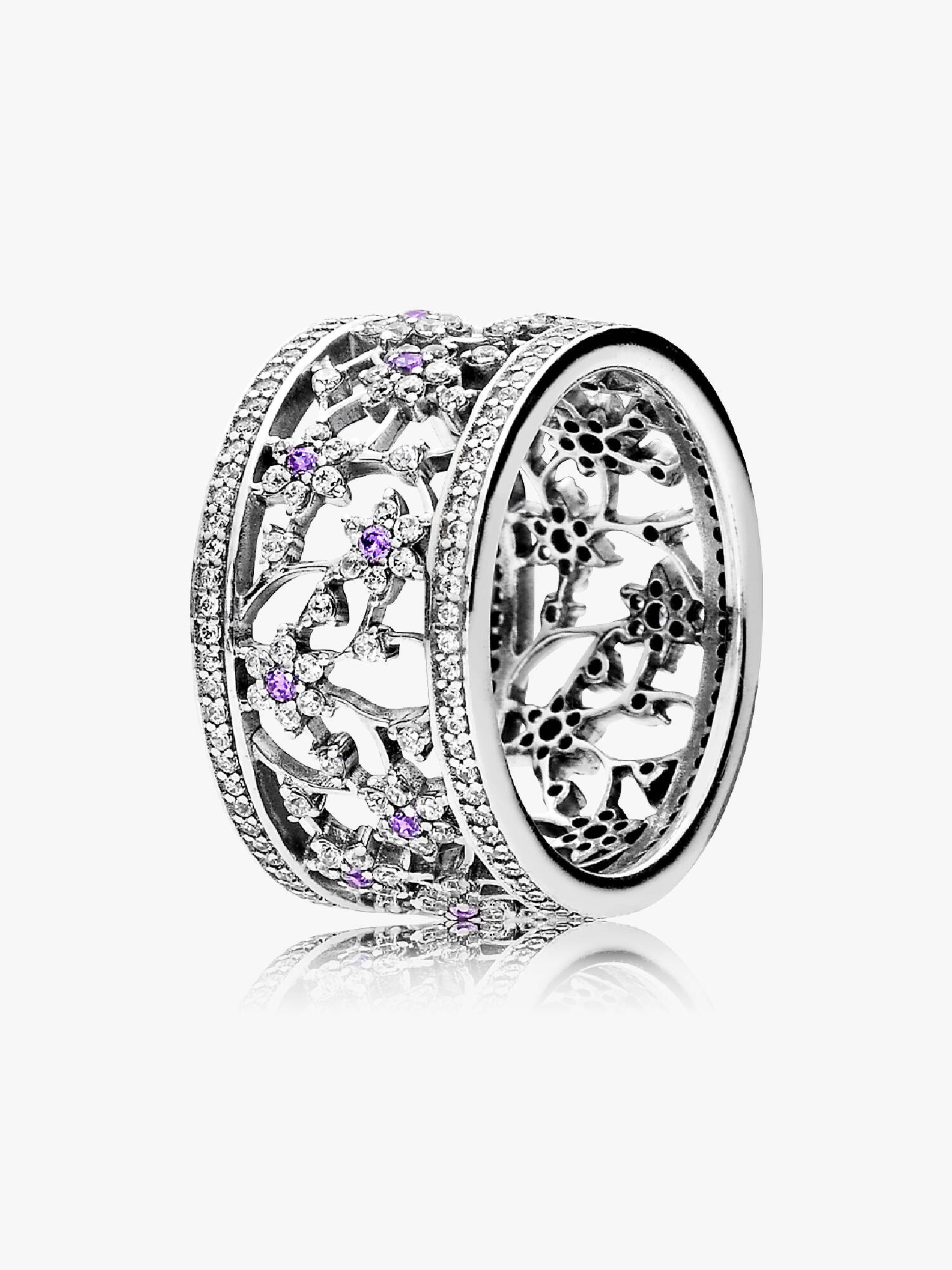Forget me not silver ring with purple and clear cubic zirconia