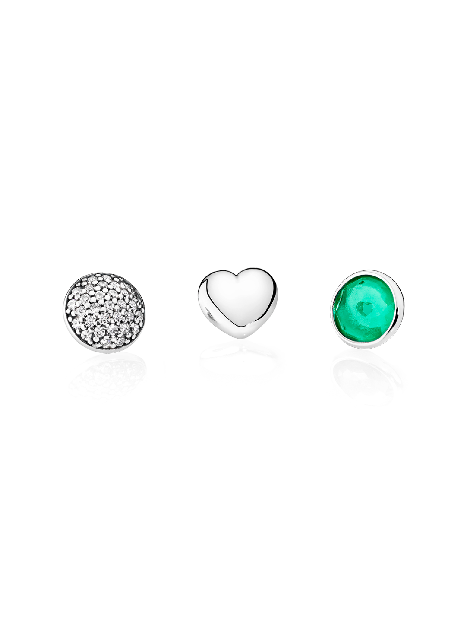May petite elements pack in silver with heart, pave droplet with clear CZ and royal green crystal droplet