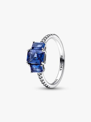 Anel Brilhante Retangular Azul de Três Pedras