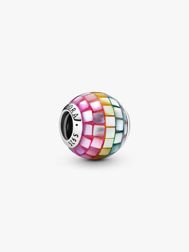 Silver charm with mother of pearl mosaic in purple, pink, yellow, green and blue