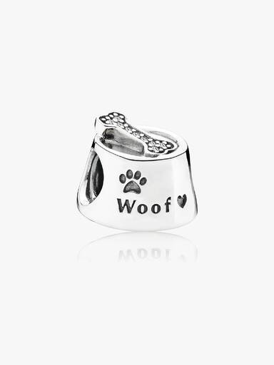 Dog bowl silver charm with cubic zirconia
