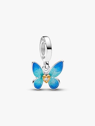 Butterfly with moveable wings sterling silver and 14k gold-plated dangle with 0.009 ct TW GHI SI1+ round brilliant cut lab created diamond a