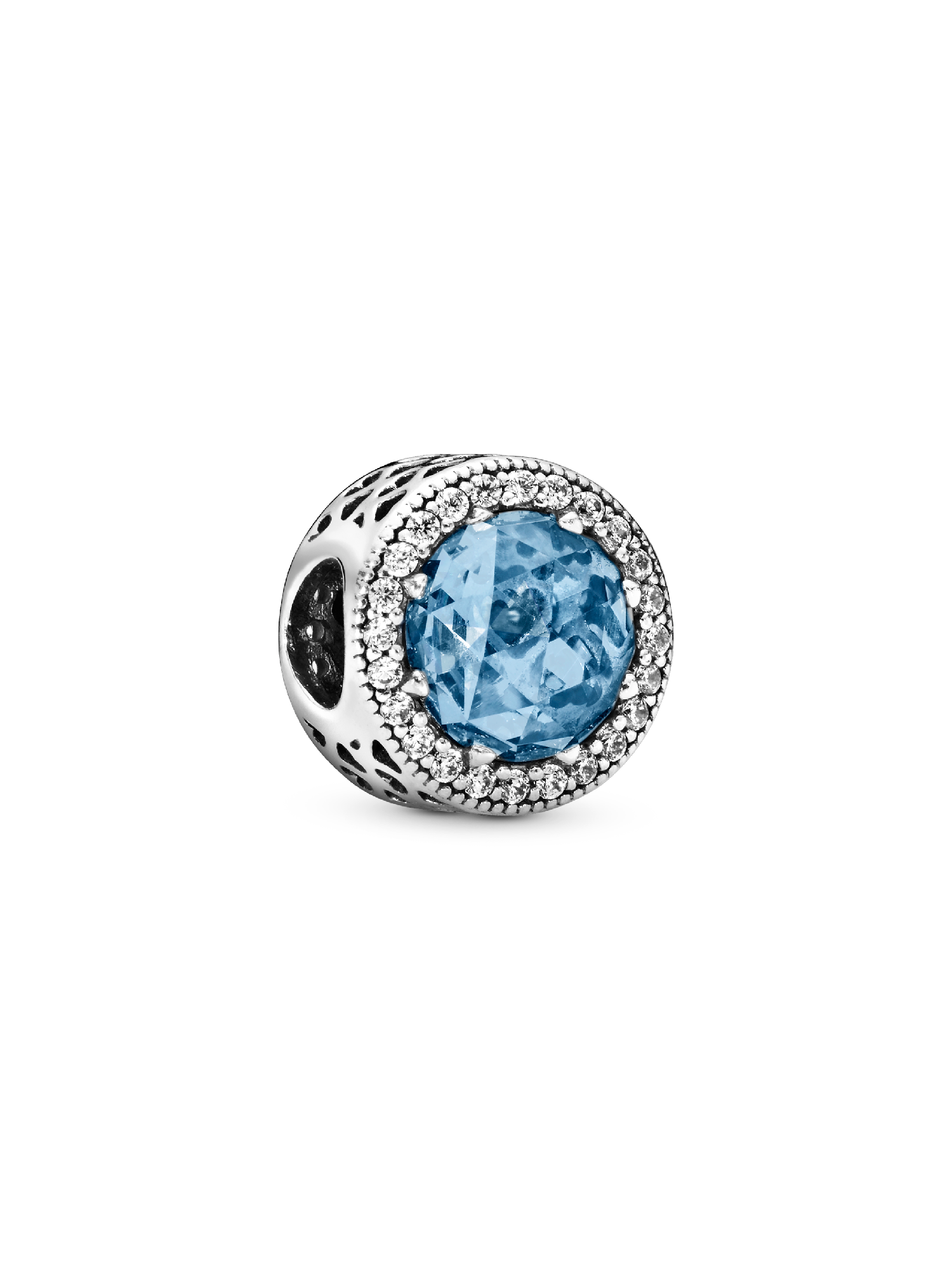 Abstract silver charm with sky blue crystal and clear cubic zirconia