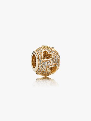 Tumbling Corações Charm, Zircônia Cúbica Transparente e ouro 14k