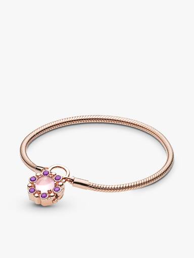 PANDORA Rose snake chain bracelet and padlock clasp with pink mist and royal purple crystal